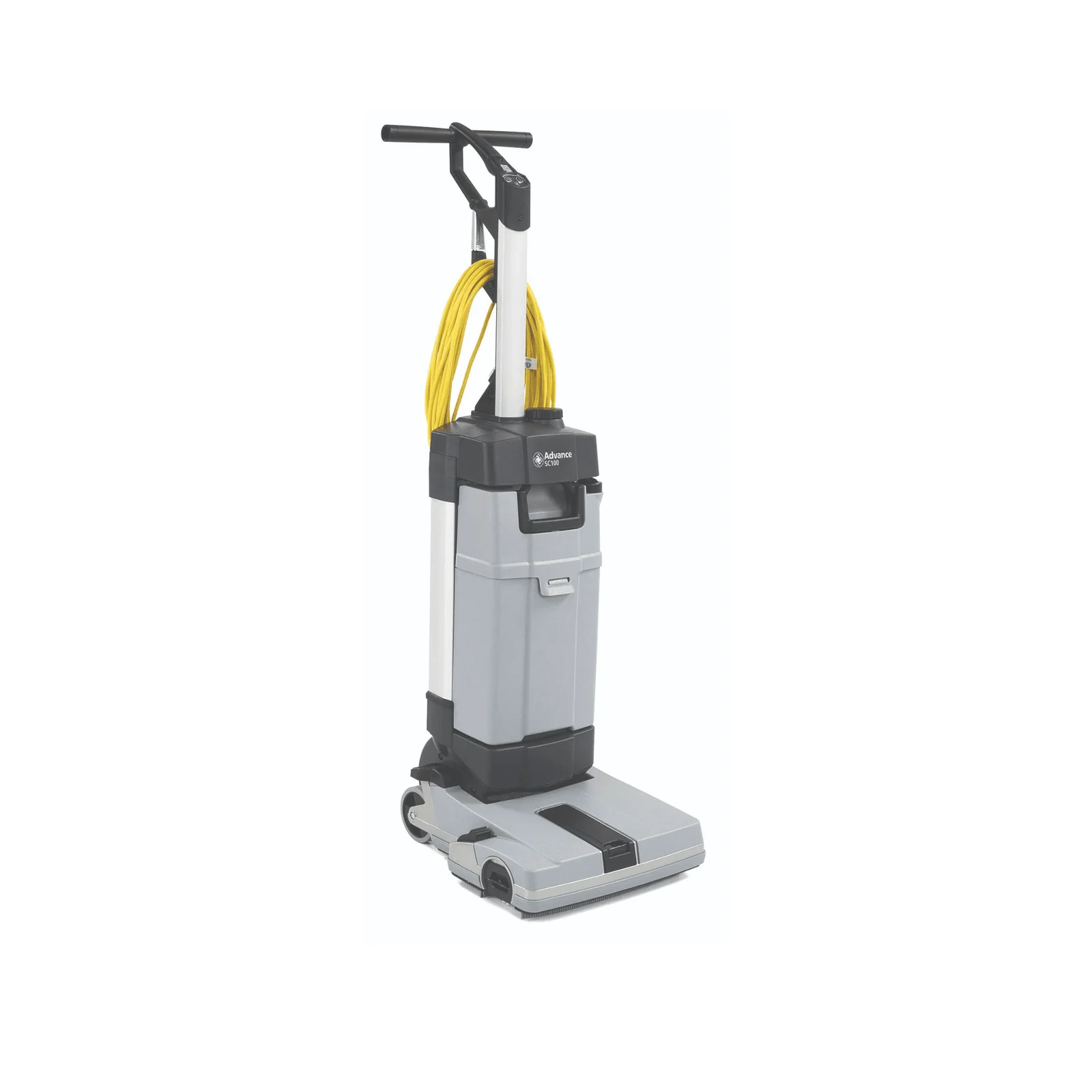 Fregadora de piso de la marca Nilfisk modelo SC100 color gris con manubrio negro y cable amarillo